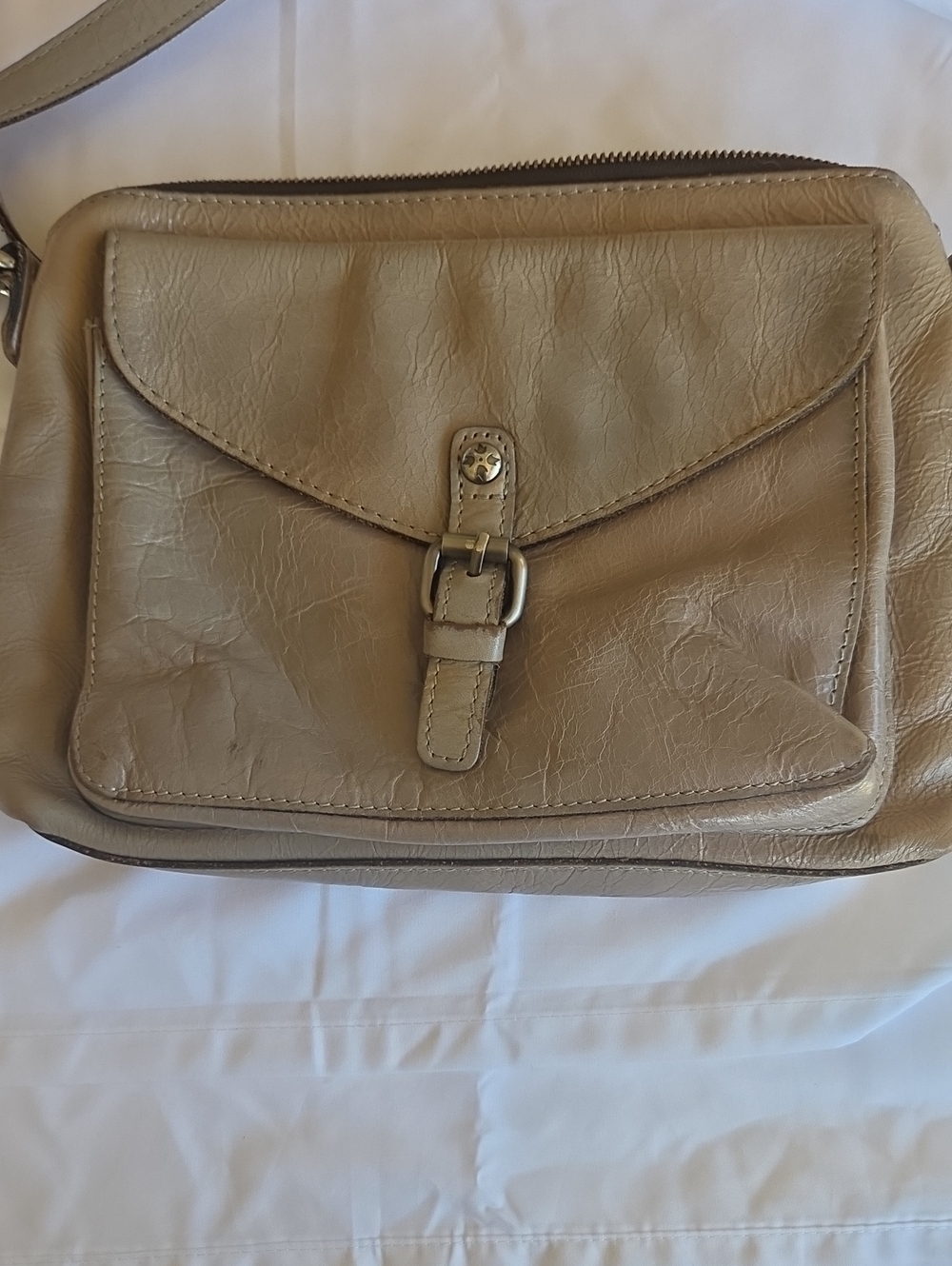 Patricia Nash Taupe Leather Crossbody with Front Buckle Pocket